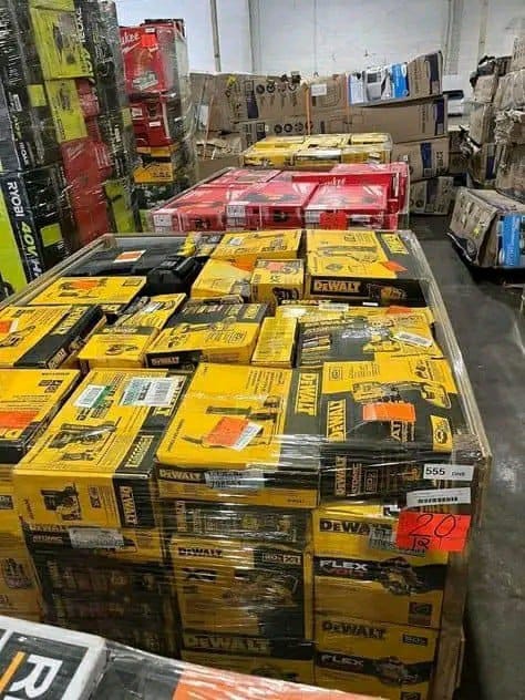 Manifested liquidation pallets of Amazon returns stacked in our Shreveport, Louisiana warehouse